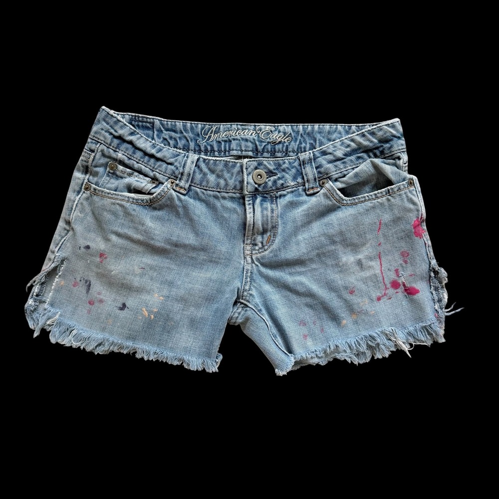 Y2K American Eagle Favorite Boyfriend Denim Shorts Light Wash Paint Size 6
